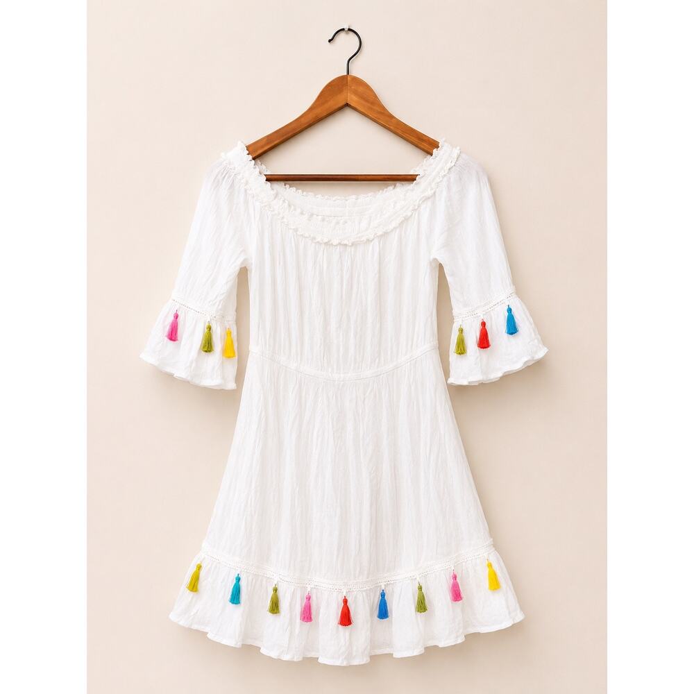 Cottagecore White Cotton Dress Womens Sz M Ruffles Tassel Boho Prairie Hippie - Picture 2 of 3